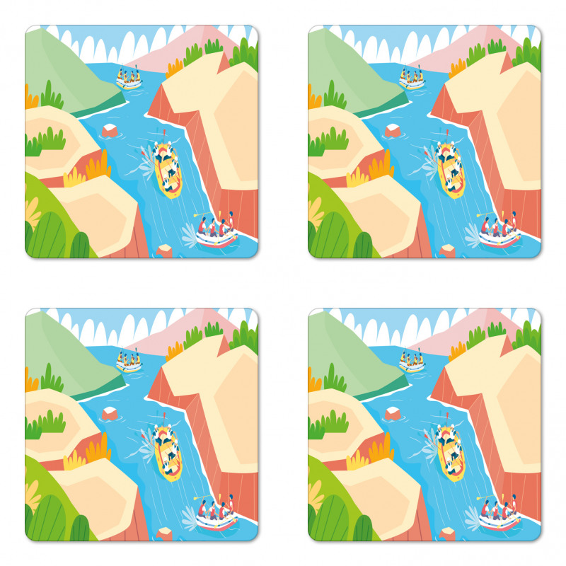 Rafting on River Cartoon Coaster Set Of Four