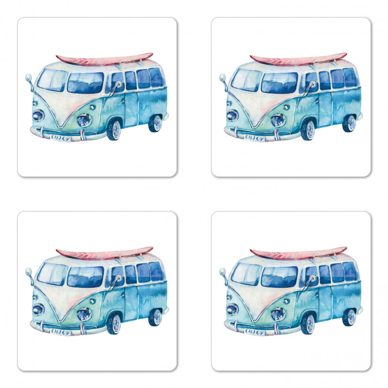 Watercolor Happy Surf Van Coaster Set Of Four