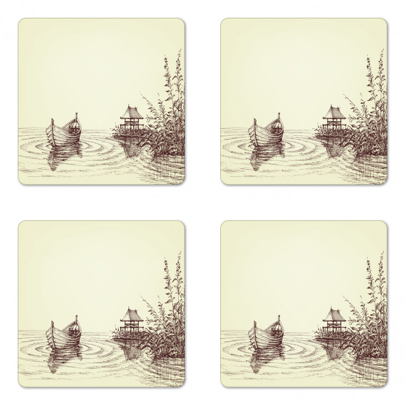 Pencil Drawn Lake and Boat Coaster Set Of Four