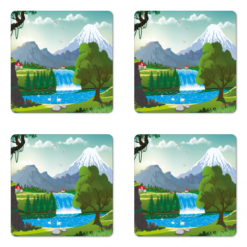 Cartoon Style Lake Waterfall Coaster Set Of Four