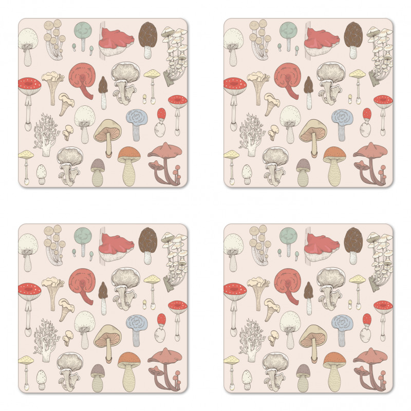 Pastel Various Mushrooms Coaster Set Of Four