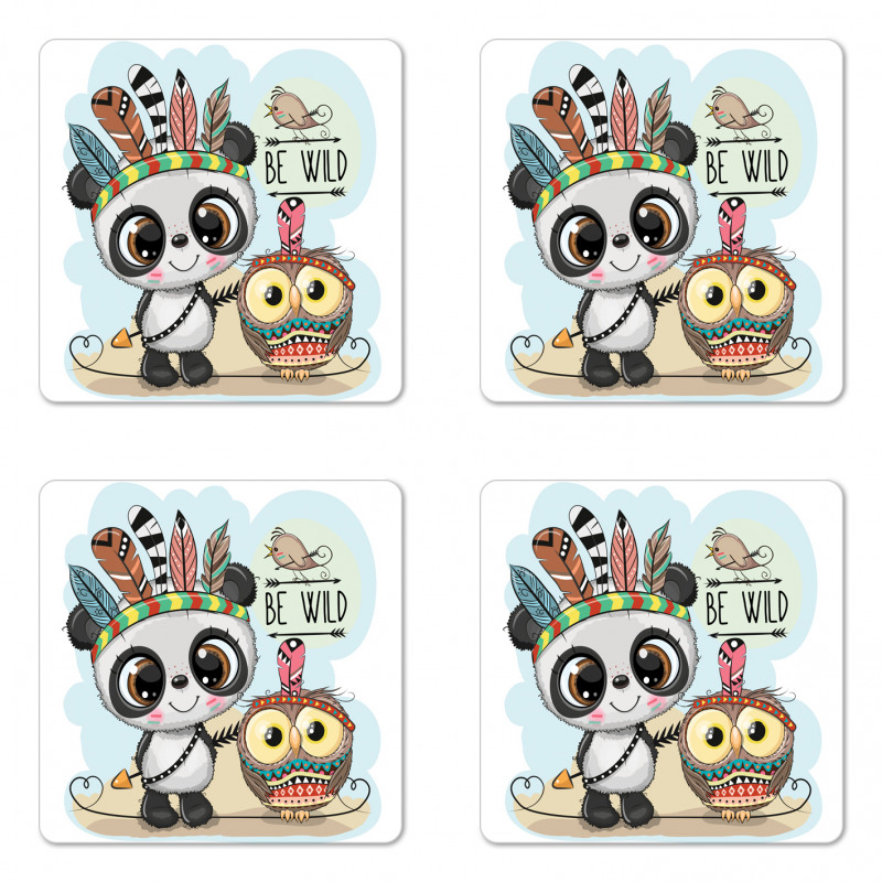 Panda Owl Bird in Feathers Coaster Set Of Four