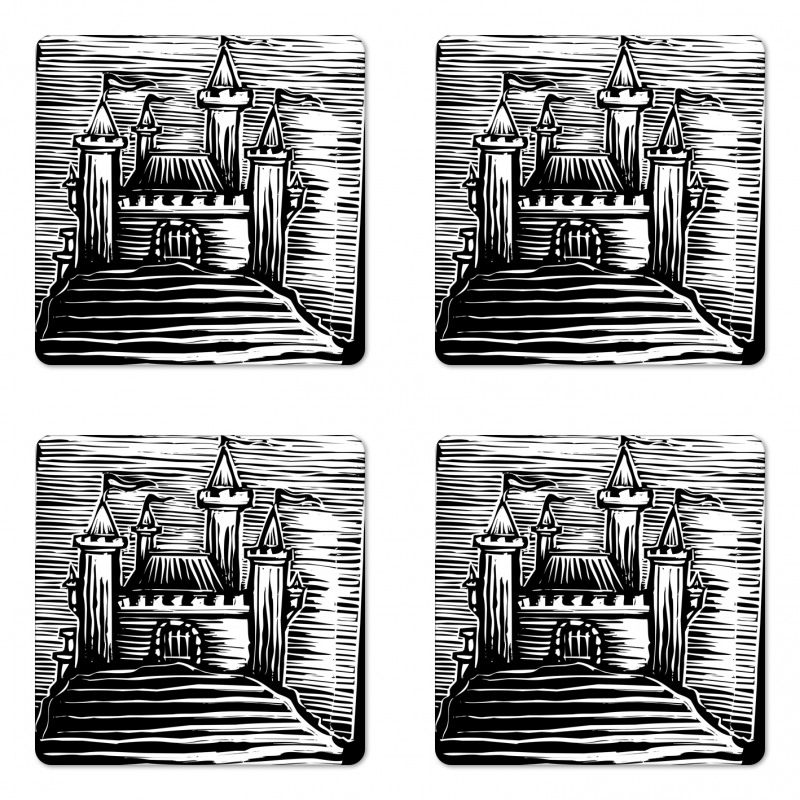 Woodcut Medieval Fortress Coaster Set Of Four