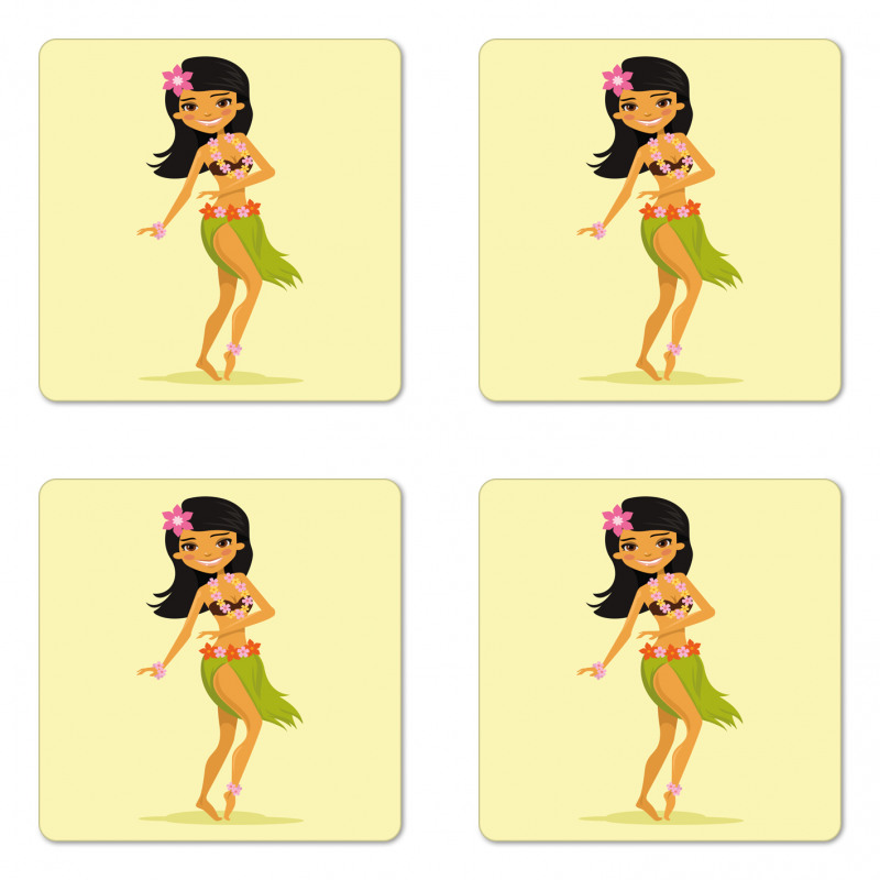 Hawaiian Dancer Girl Cartoon Coaster Set Of Four