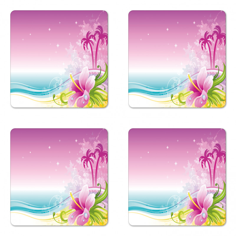 Abstract Waves Hibiscus Palms Coaster Set Of Four