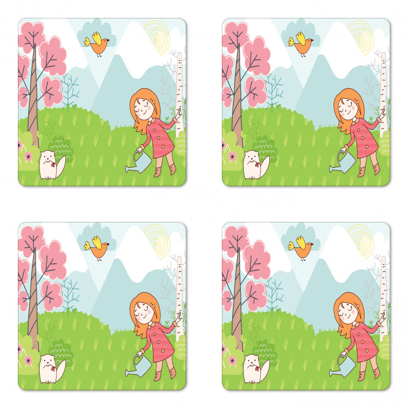 Cartoon Girl Animal in Wood Coaster Set Of Four