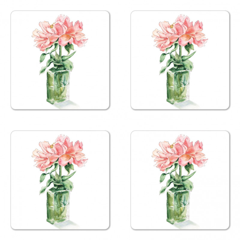 Rose Flower Drawing in Vase Coaster Set Of Four