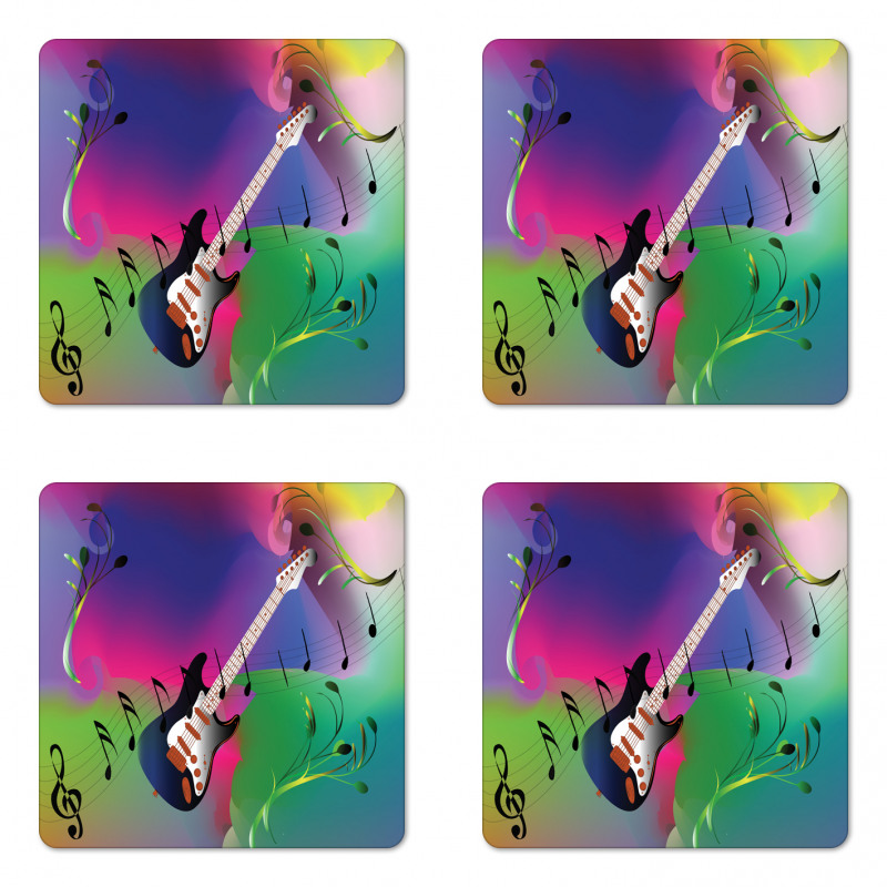 Guitar on Colorful Back Coaster Set Of Four