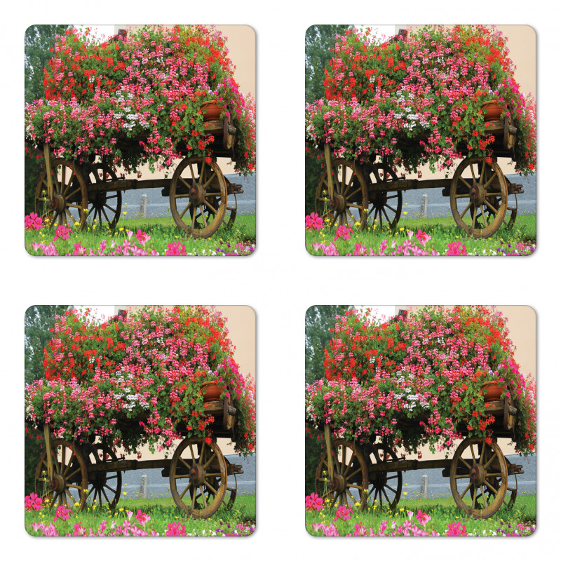 Flowers in Wooden Wagon Coaster Set Of Four