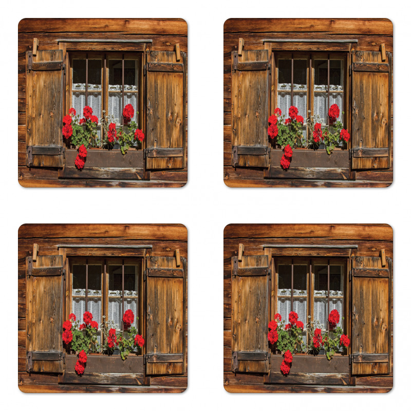 Wooden Hut with Window Coaster Set Of Four