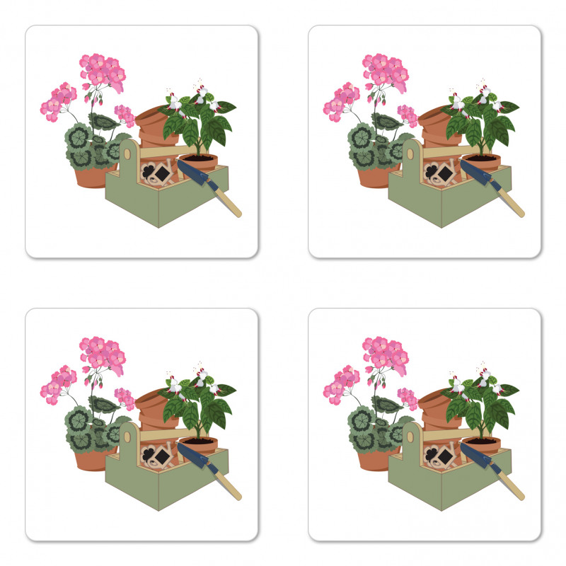 Flowers and Garden Tools Coaster Set Of Four