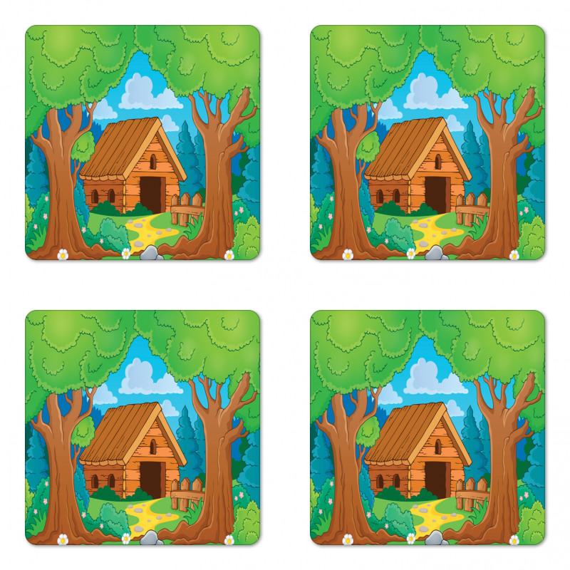 Wooden Shed in Forest Coaster Set Of Four