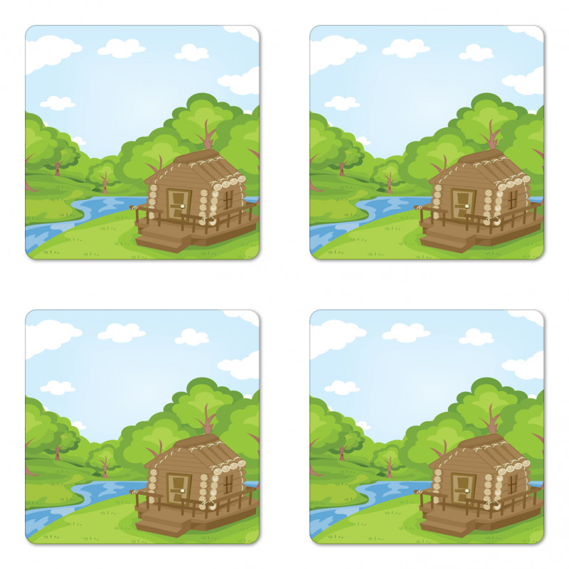 Wooden Lodge near Stream Coaster Set Of Four