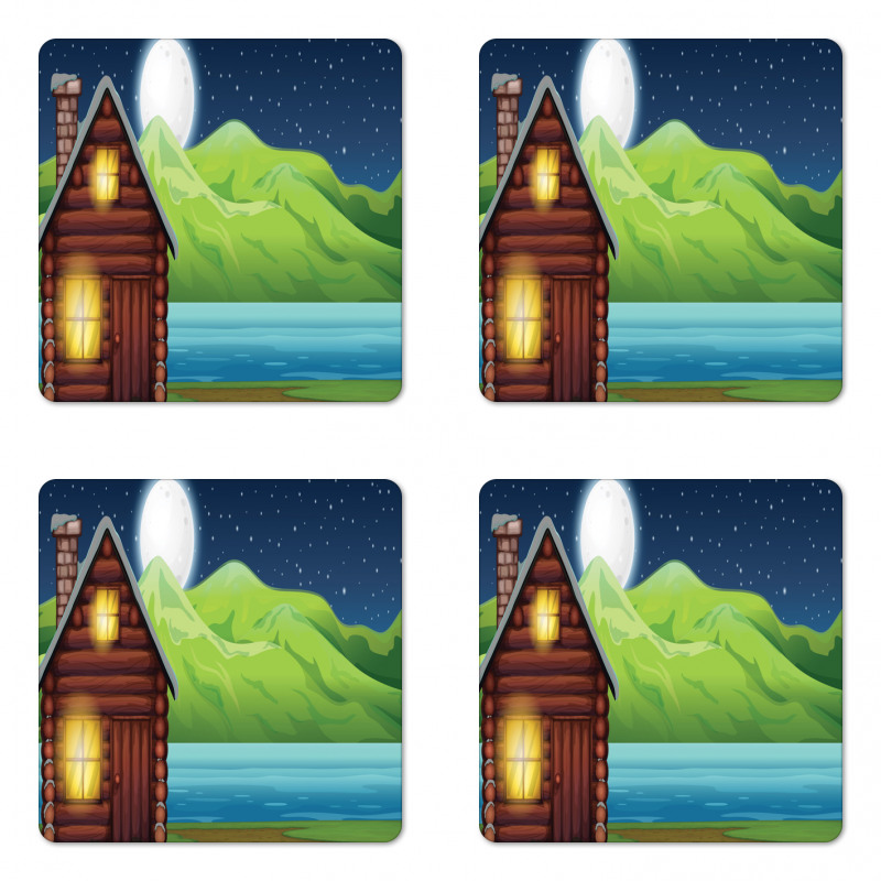 Cabin near River at Night Coaster Set Of Four