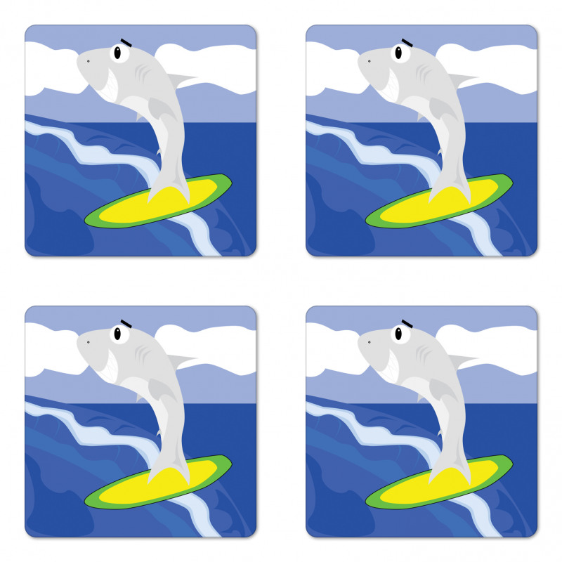 Shark Fish on a Surfboard Coaster Set Of Four