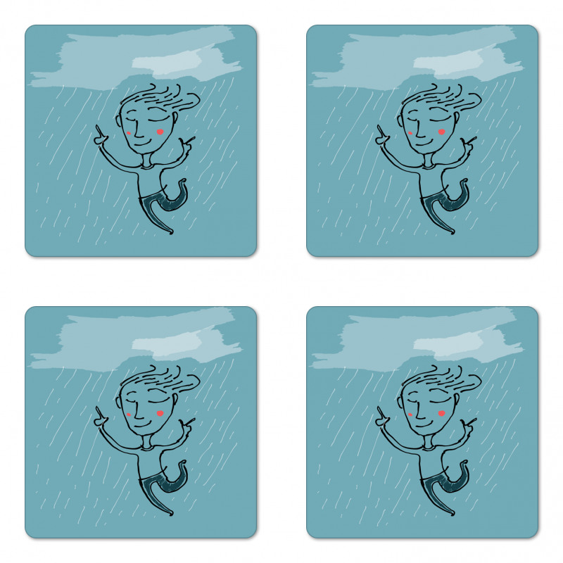 Hand Drawn Man Under the Rain Coaster Set Of Four