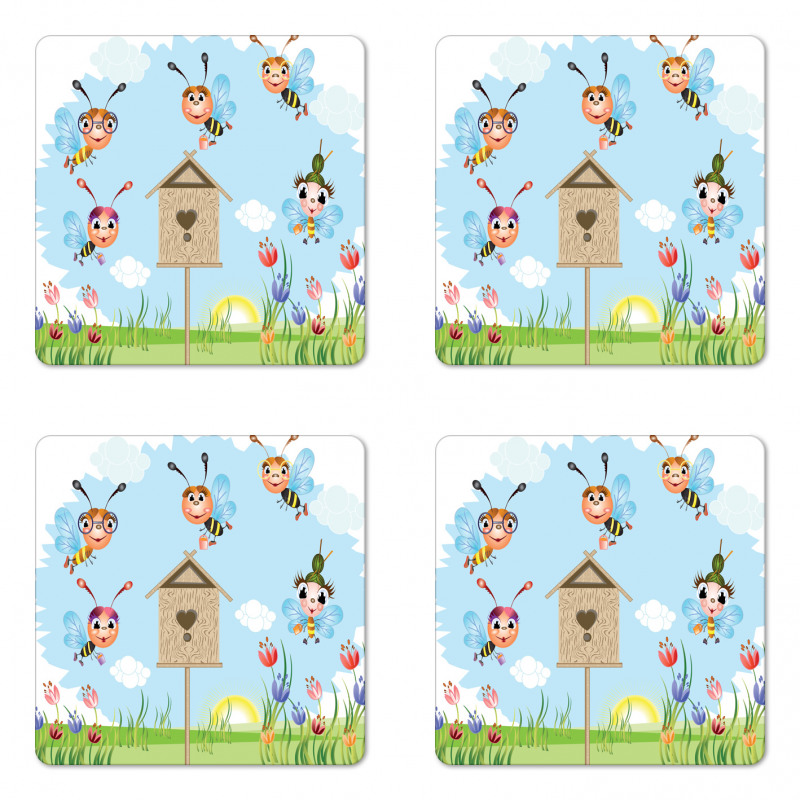 Cheerful Meadow Landscape Coaster Set Of Four