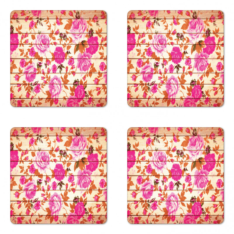 Roses on Wood Backdrop Coaster Set Of Four