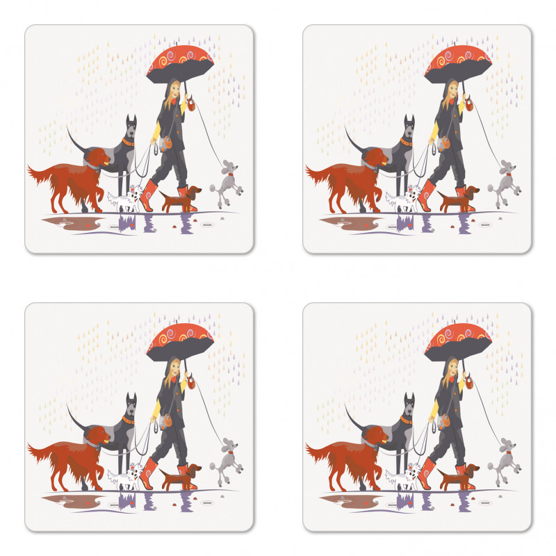 Girl with Dogs in Rain Coaster Set Of Four