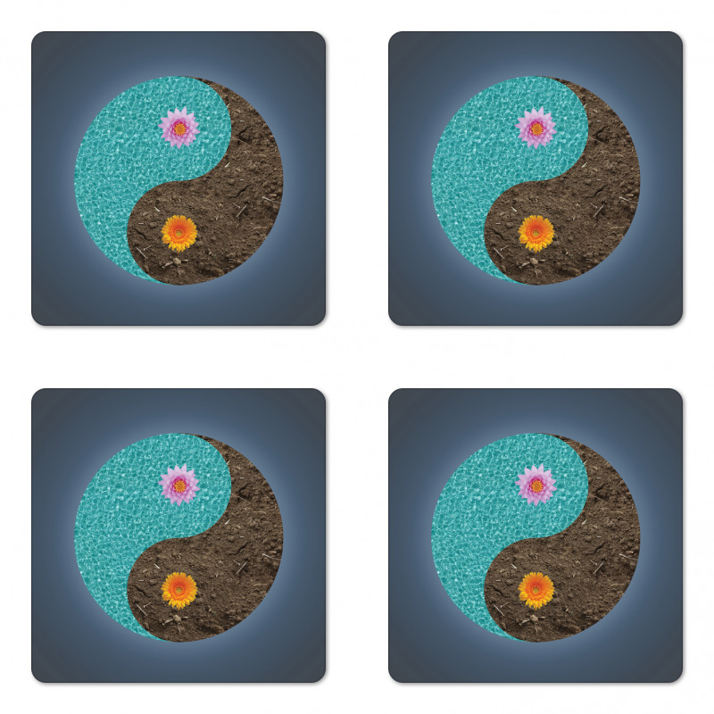 Yin Yang Flower Teal Brown Coaster Set Of Four