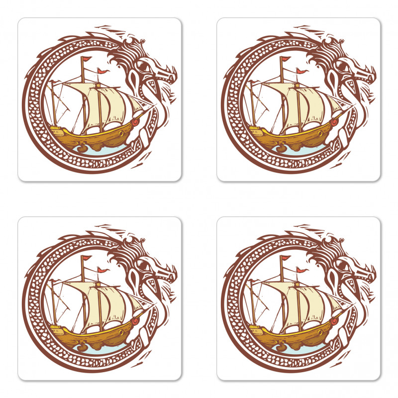 Sailing Boat Waves Dragon Coaster Set Of Four