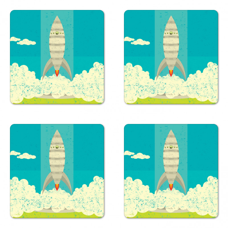 Flying Rocket Clouds Art Coaster Set Of Four