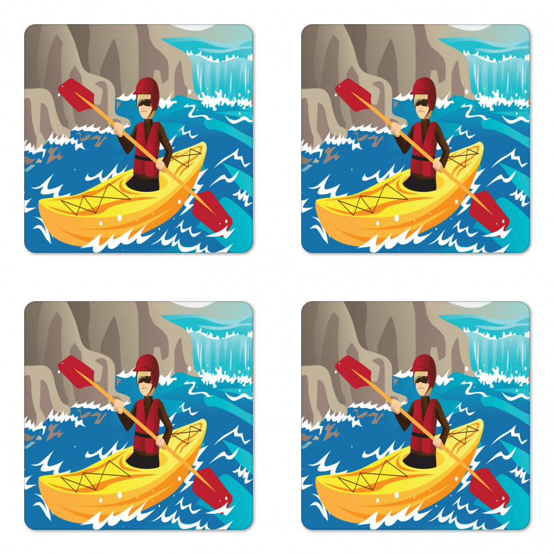 Boy Kayaking in the River Coaster Set Of Four