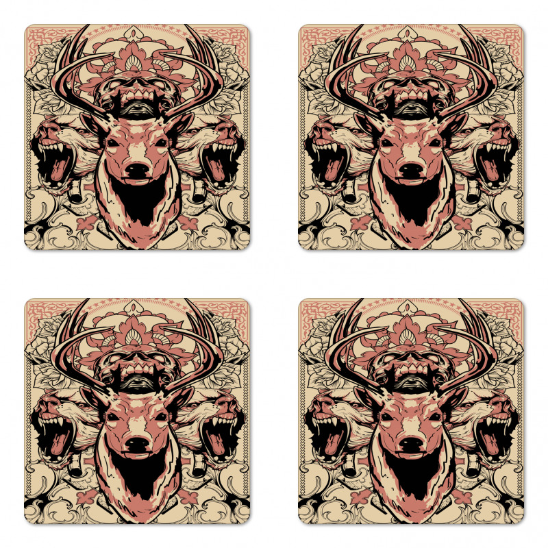 Floral Skull and Wolves Coaster Set Of Four