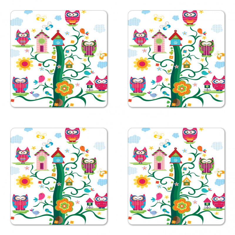 Owls on Tree with Dots Coaster Set Of Four