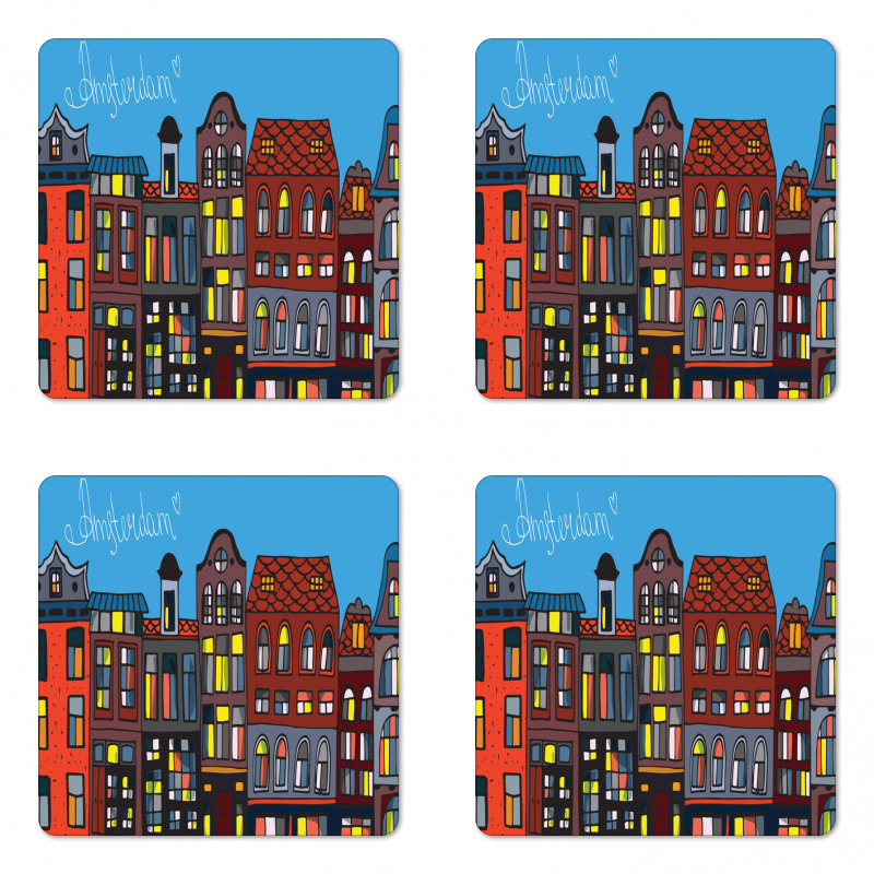 Graphic Colorful Houses Coaster Set Of Four