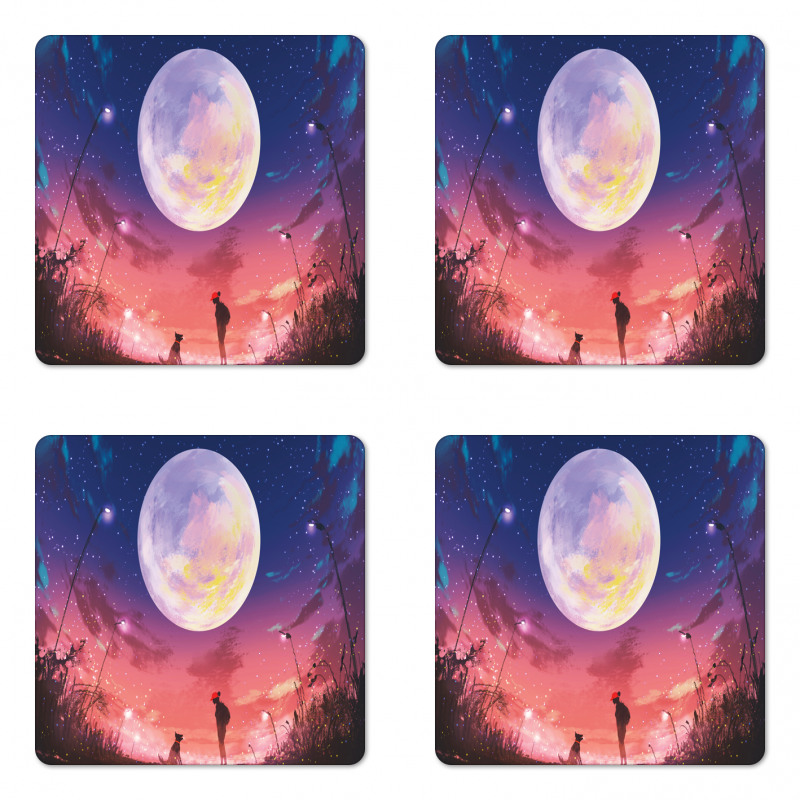 Dog Under Huge Moon Coaster Set Of Four