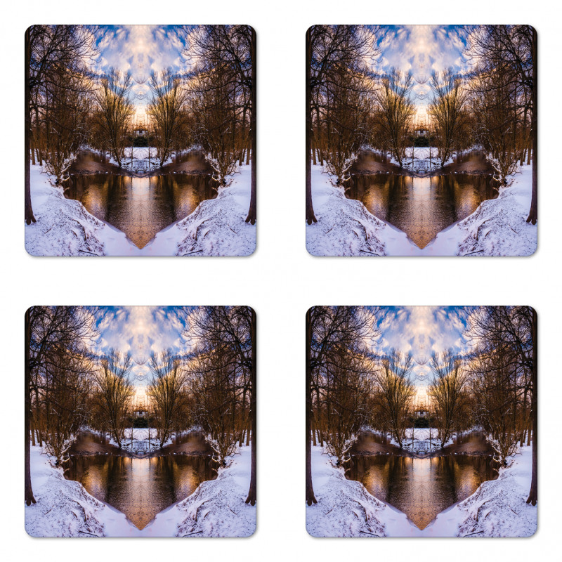 Snowy Winter Park Lake Coaster Set Of Four