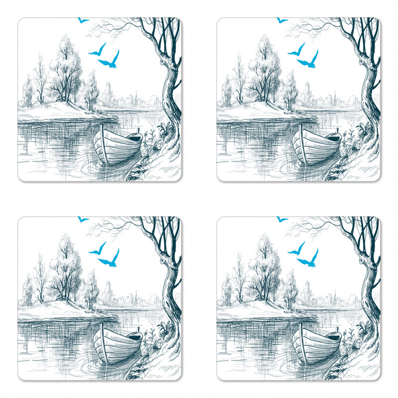 Boat on River Drawing Coaster Set Of Four