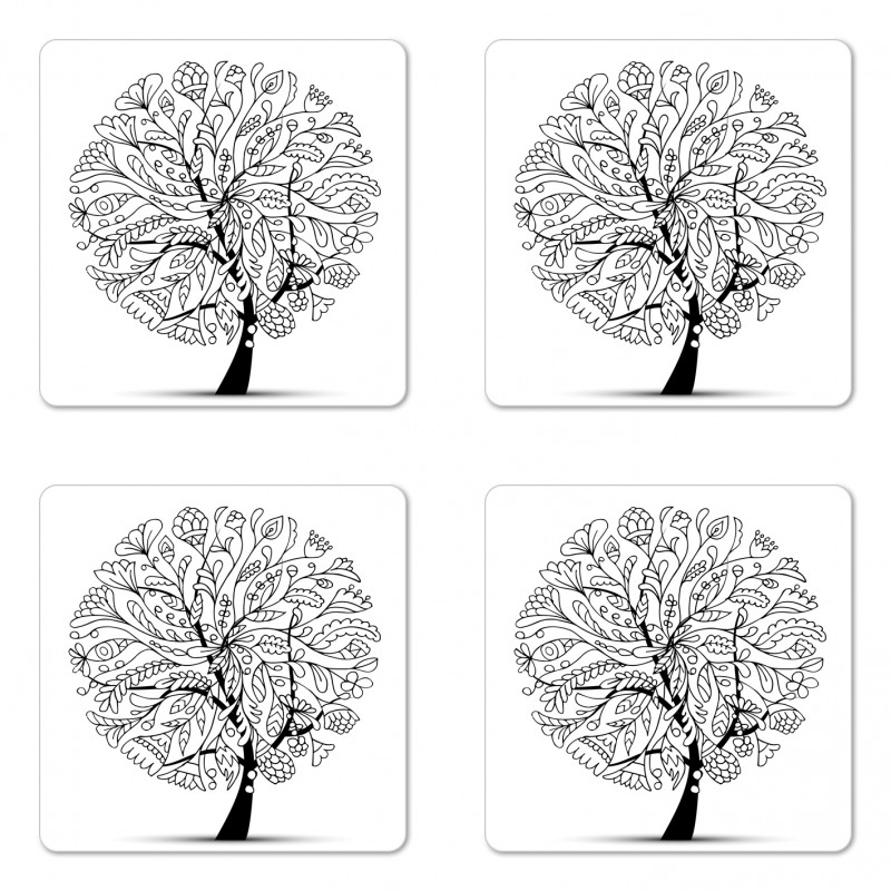 Abstract Leafy Floral Tree Coaster Set Of Four