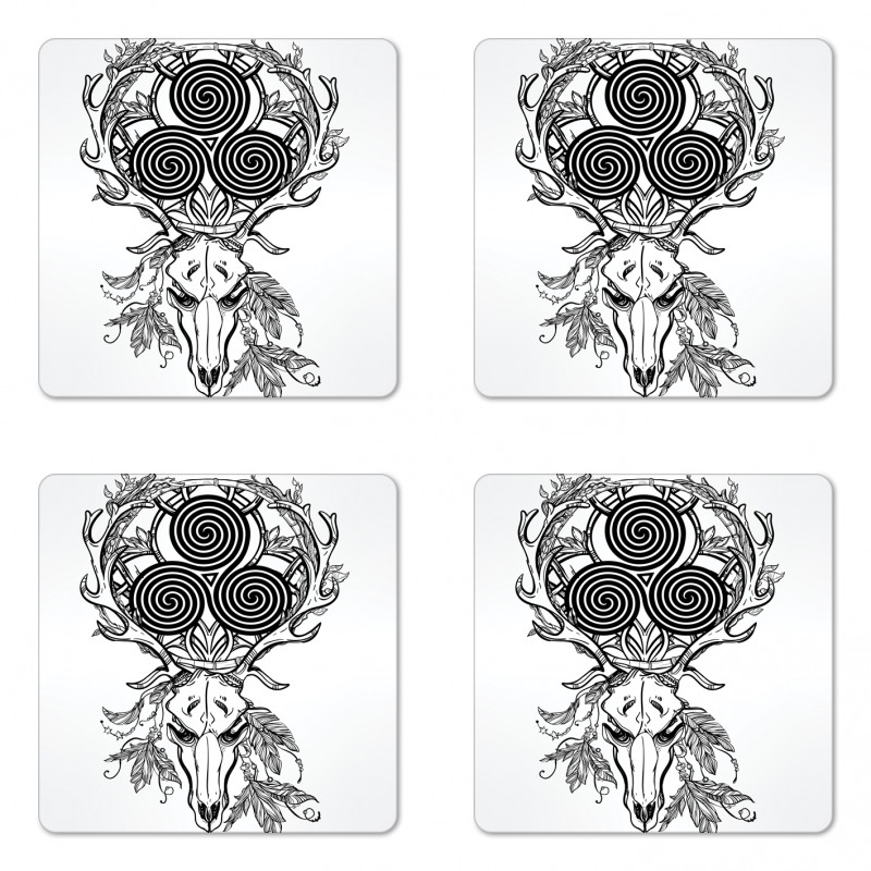 Deer Skull Feather Boho Coaster Set Of Four