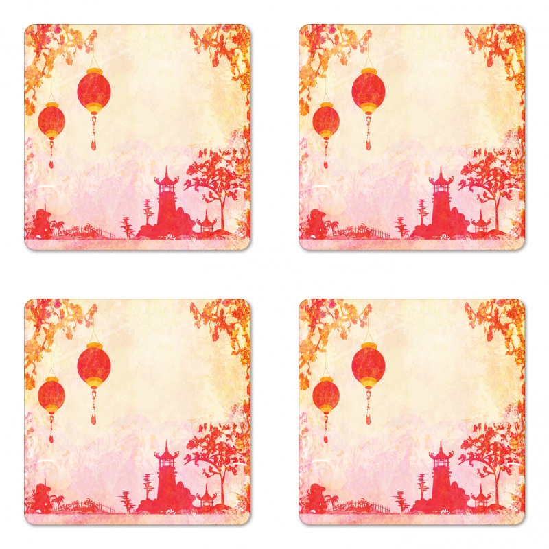 Chinese Lanterns Building Coaster Set Of Four