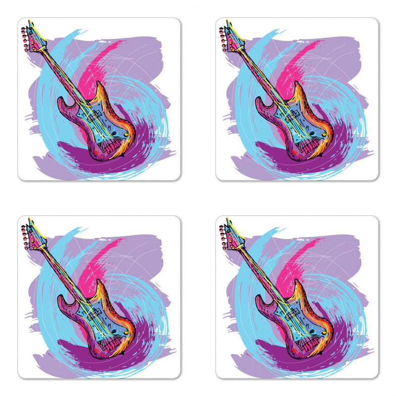 Hand Drawn Guitar Grunge Coaster Set Of Four