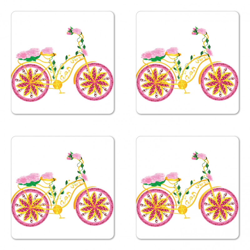 Pink Bike Floral Ornament Coaster Set Of Four