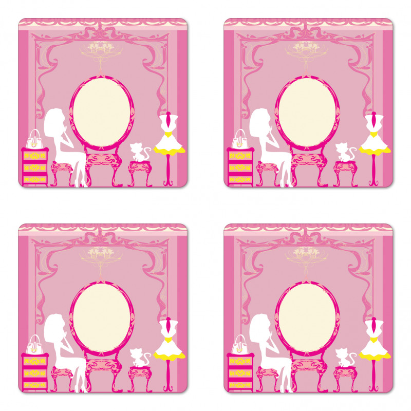 French Lady Cat Mirror Coaster Set Of Four