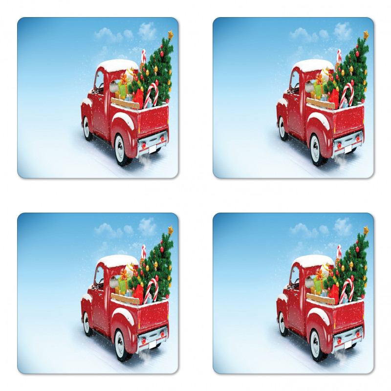 Red Truck Xmas Tree Coaster Set Of Four