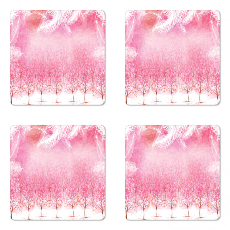 Cherry Trees Feathers Coaster Set Of Four