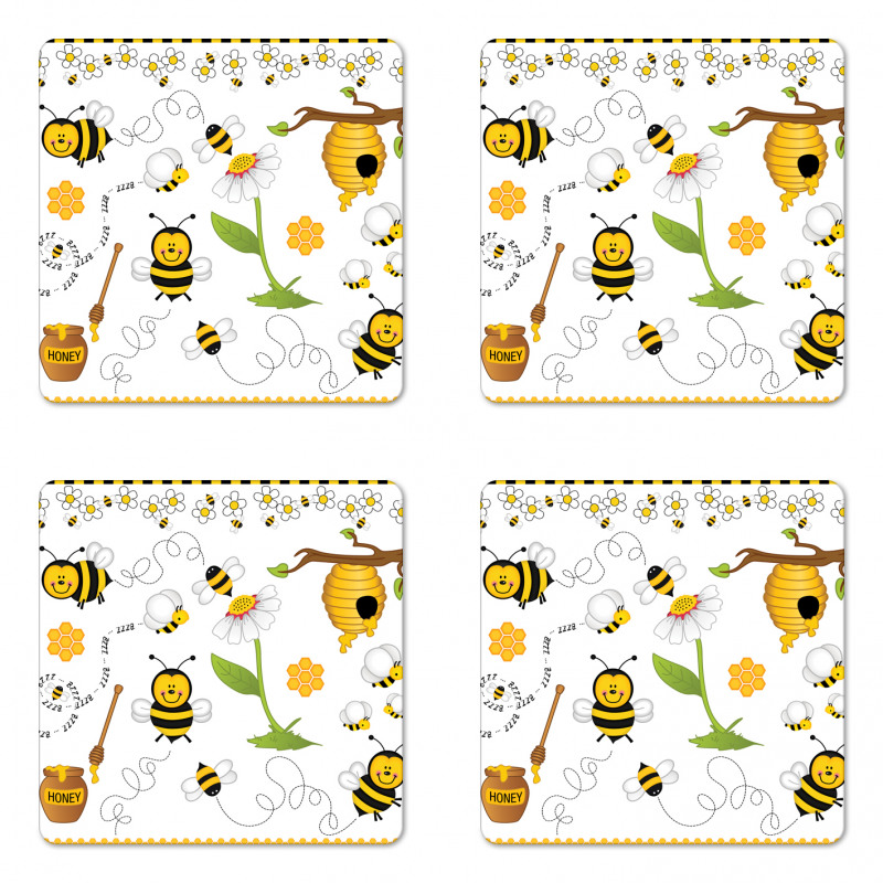 Bees Daisies Chamomile Coaster Set Of Four