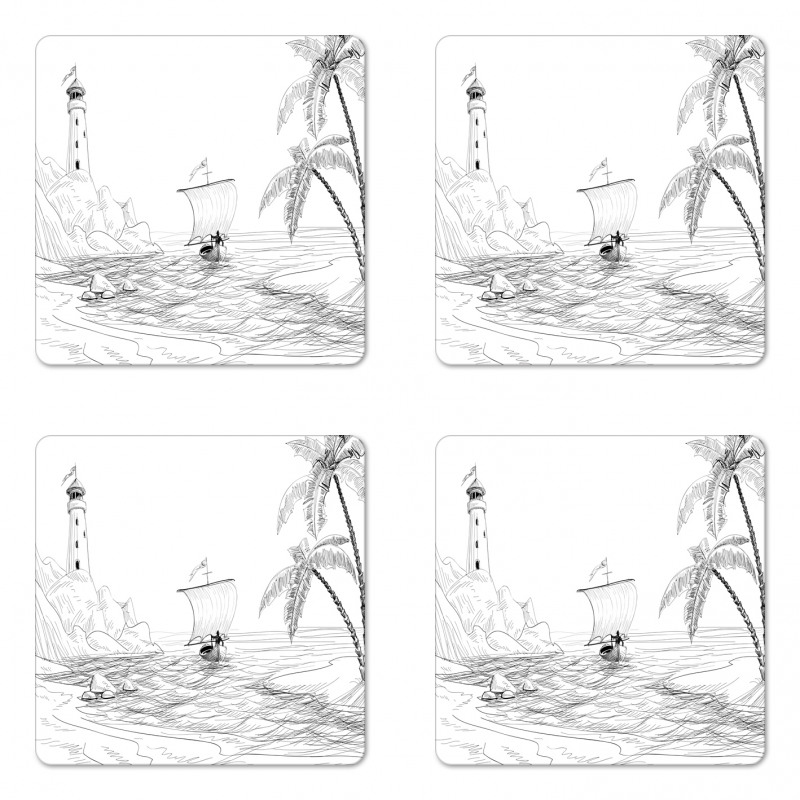 Sketch with Boat Palms Coaster Set Of Four