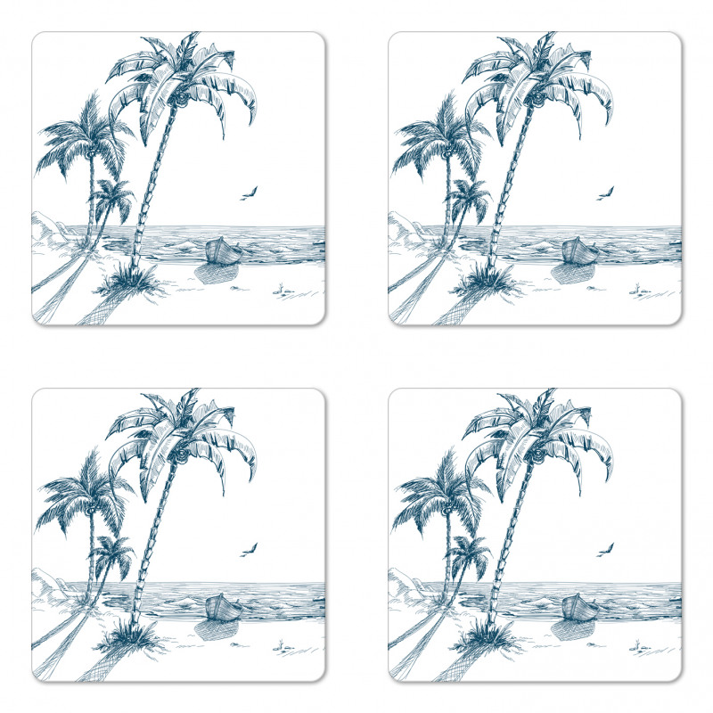 Palm Tree Boat Sketch Coaster Set Of Four