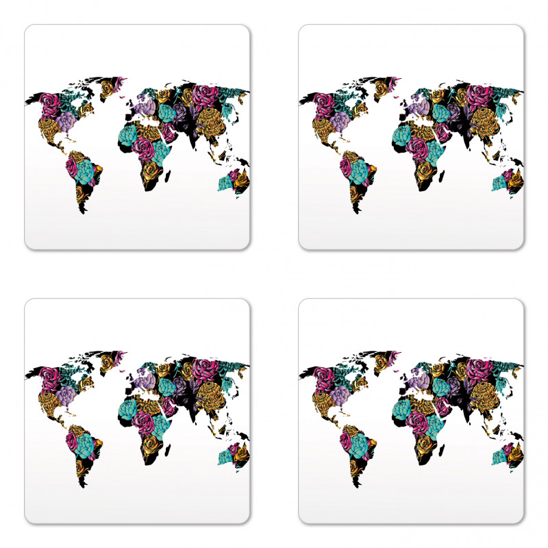 World Map Flowers Coaster Set Of Four