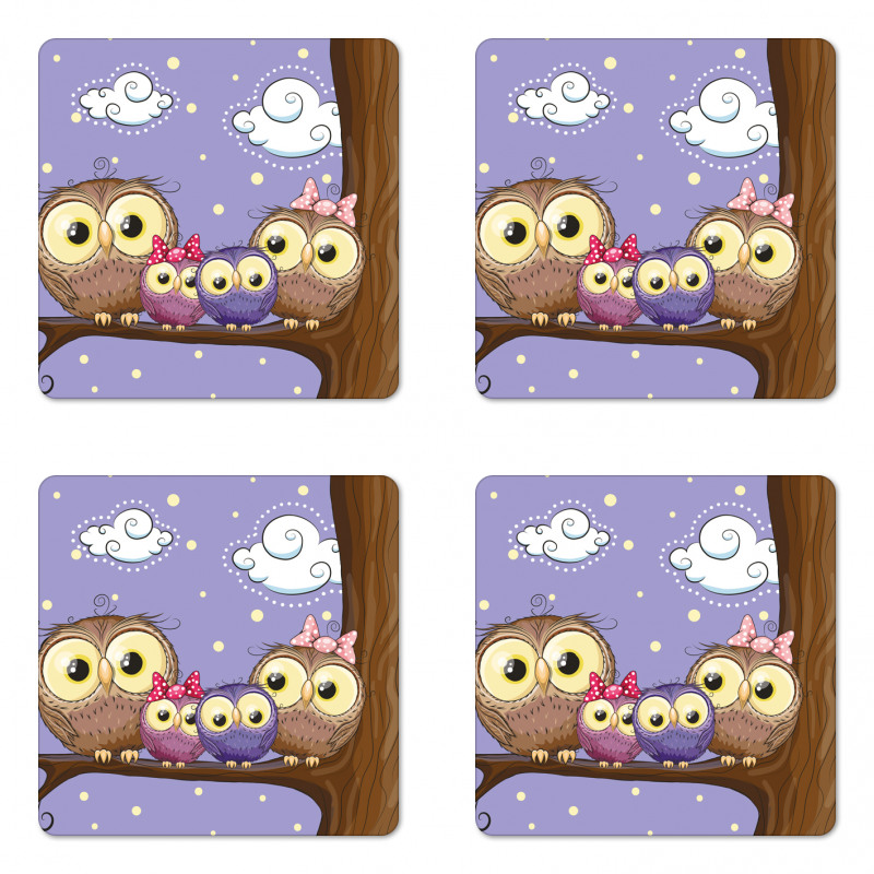 Cartoon Style Owl Family Coaster Set Of Four