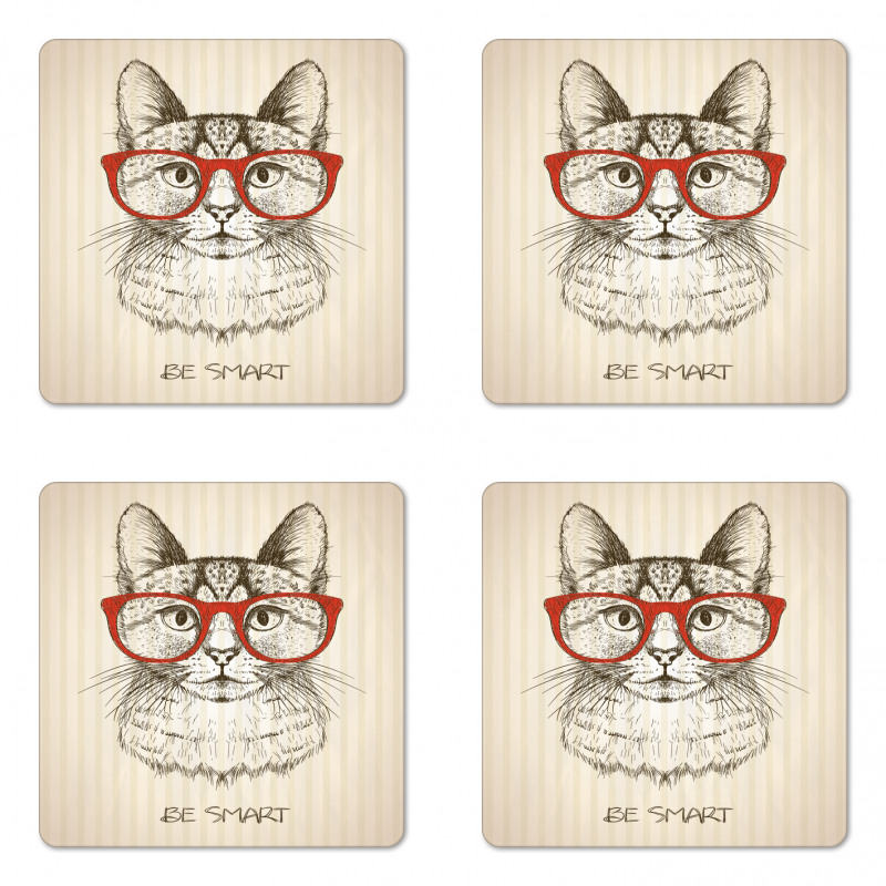 Cat with Retro Glasses Coaster Set Of Four