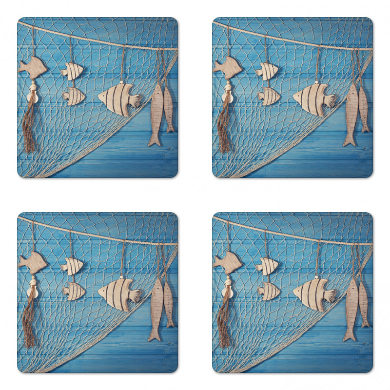 Wooden Fish Shell on Net Coaster Set Of Four