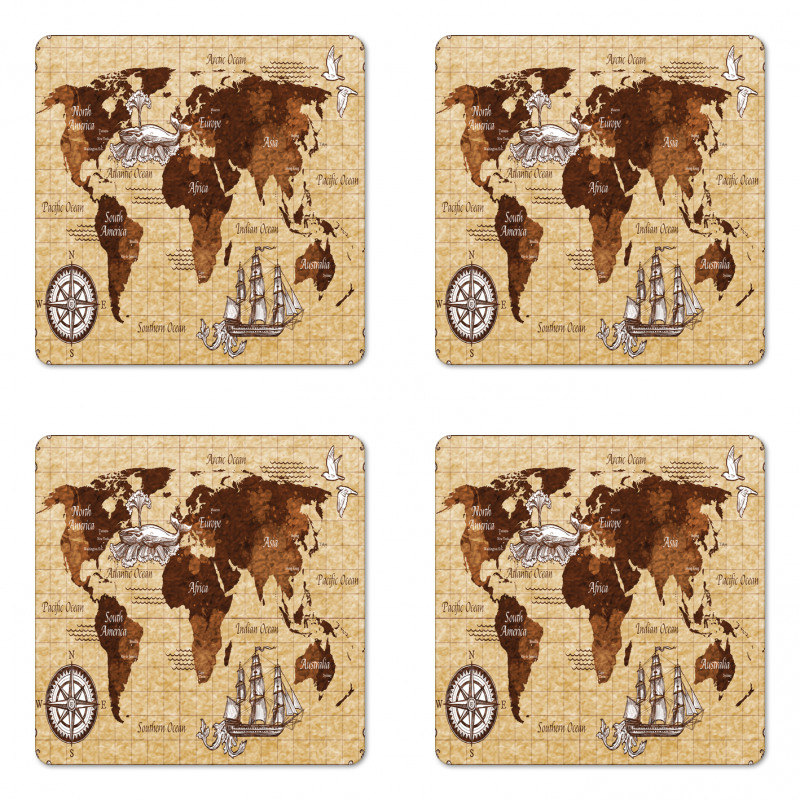 Retro Sketch World Map Coaster Set Of Four