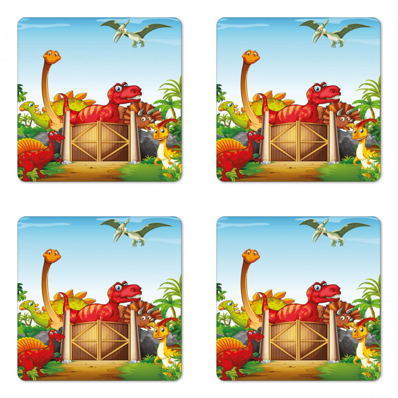 Cartoon Dinosaurs in Park Coaster Set Of Four